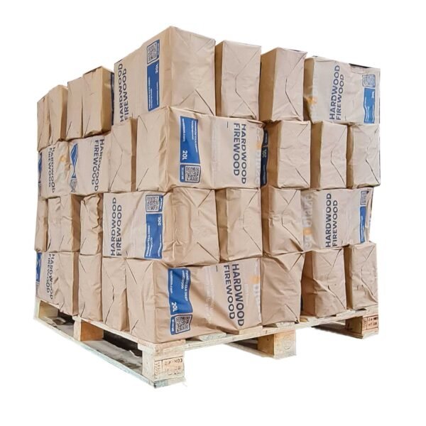 Ecoblaze Kiln Dried Premium Hardwood Firewood Bags on a Pallet