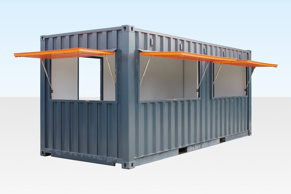 20ft shipping container café with three serving hatches and grey exterior