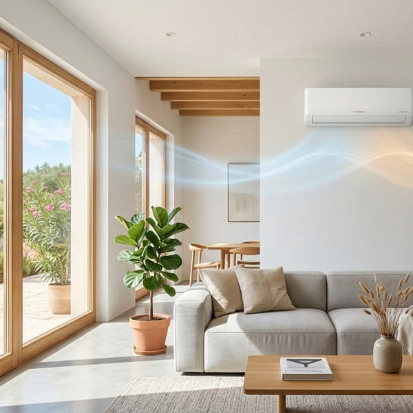 Modern wall-mounted split air conditioning system in a contemporary European home