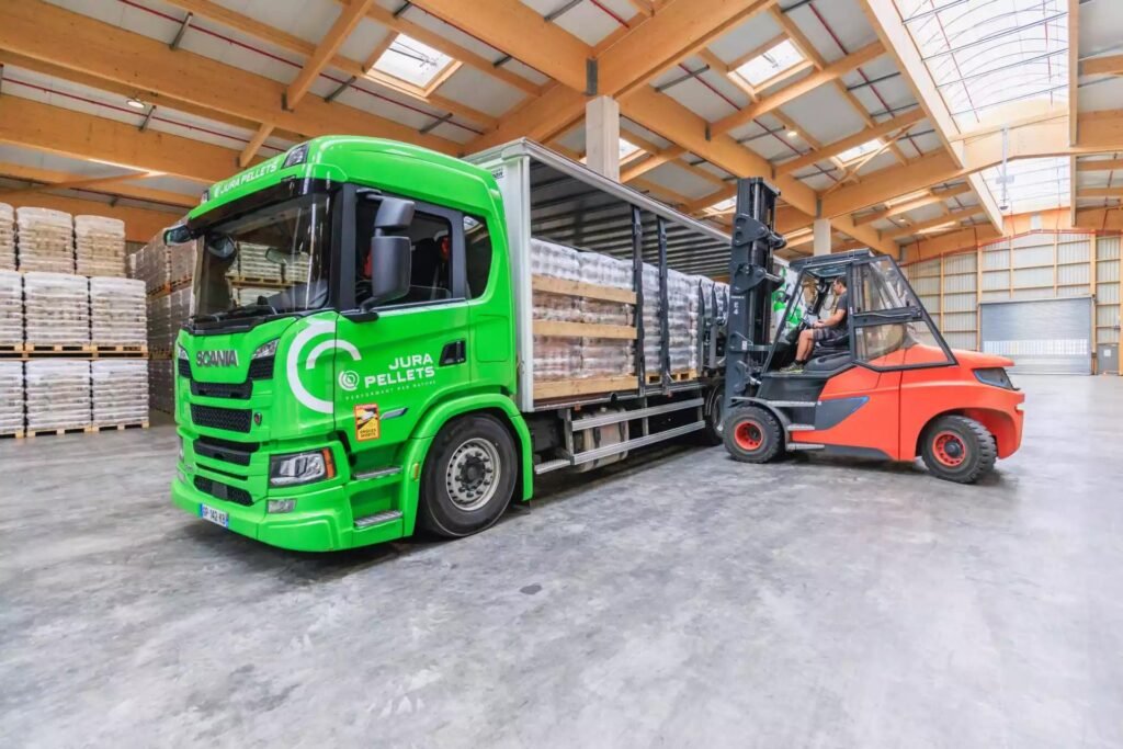 Commercial fuel supply warehouse with palletised heating fuel for European business customers