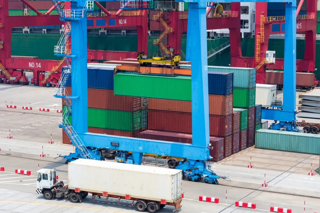 Commercial shipping containers used for secure storage and logistics at a European business site